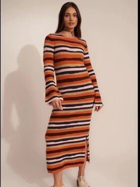 Callahan Striped Midi Dress in Orange, Navy, Cream